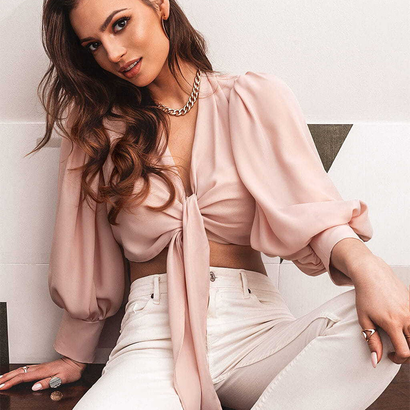 Lace-up lantern sleeve loose top