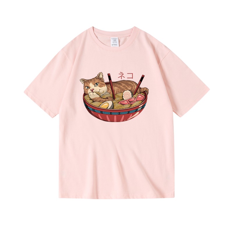Carina T-shirt stampa ramen gatto, camicia cibo giapponese, top stampa animale, maglietta alla moda - Foto 4 di 6