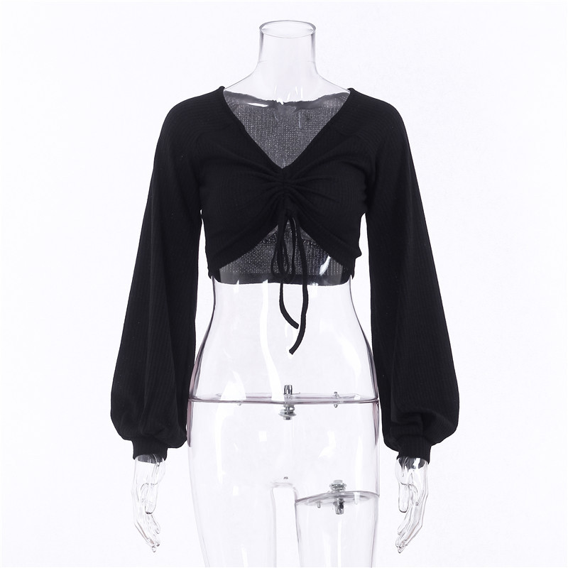 Solid Color Top Lantern Sleeve V-neck T-shirt with Tie on Chest