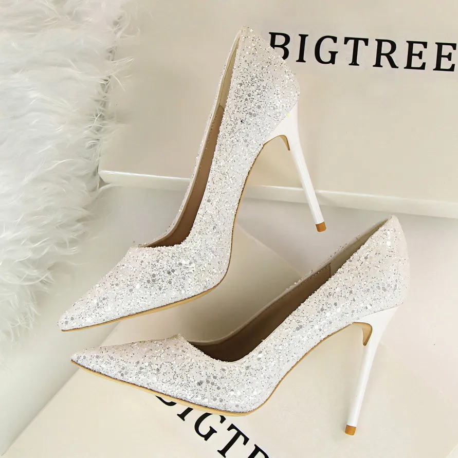 Shining sequins sexy slim nightclub high heels - White
