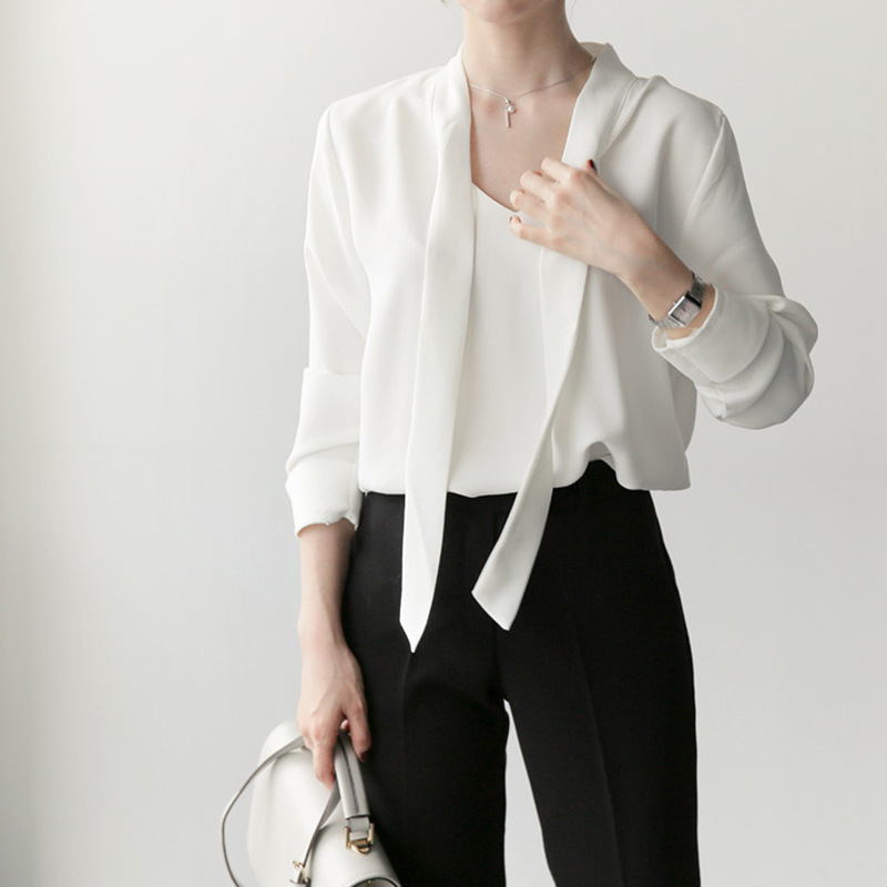 Neck streamer long sleeve chiffon shirt loose slim shirt