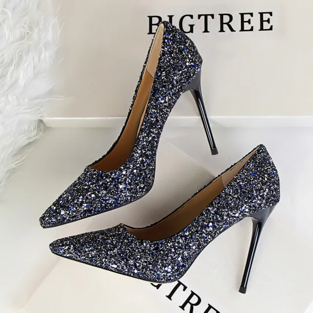 Shining sequins sexy slim nightclub high heels Blue - Shop at LoveMi