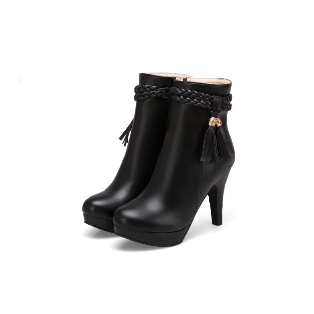 Women's round toe side zipper tassel ankle boots Black - Shop at LoveMi