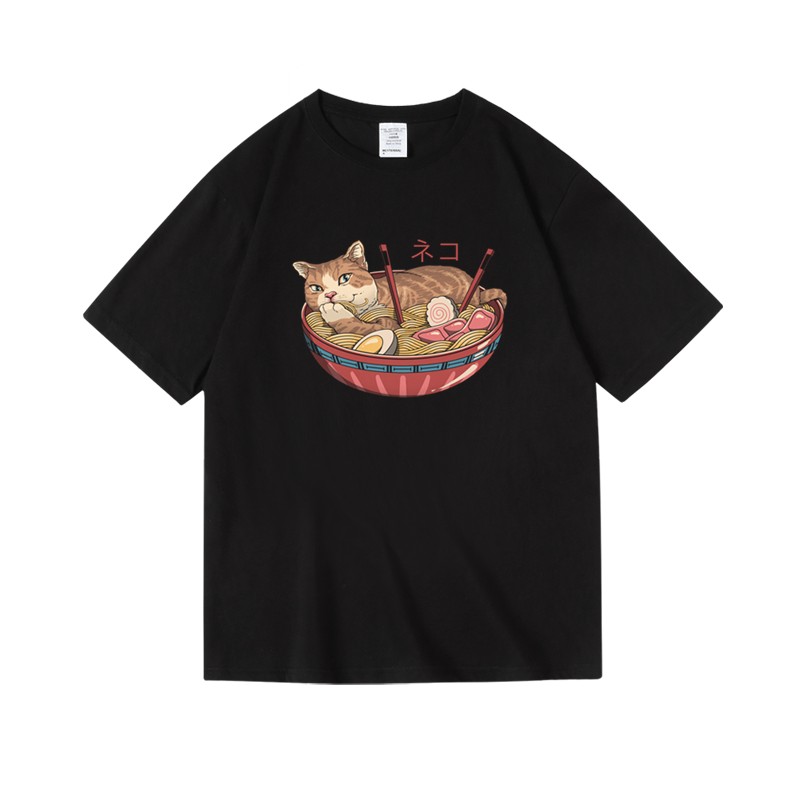 Carina T-shirt stampa ramen gatto, camicia cibo giapponese, top stampa animale, maglietta alla moda - Foto 1 di 6