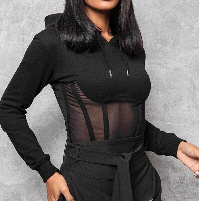 Sexy mesh see-through stitching zipper hoodie