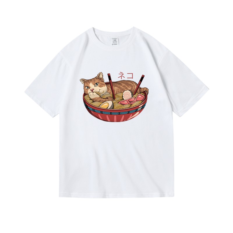 Carina T-shirt stampa ramen gatto, camicia cibo giapponese, top stampa animale, maglietta alla moda - Foto 5 di 6