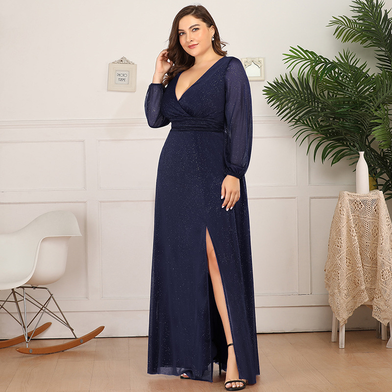 V-neck long sleeve slit party evening gown