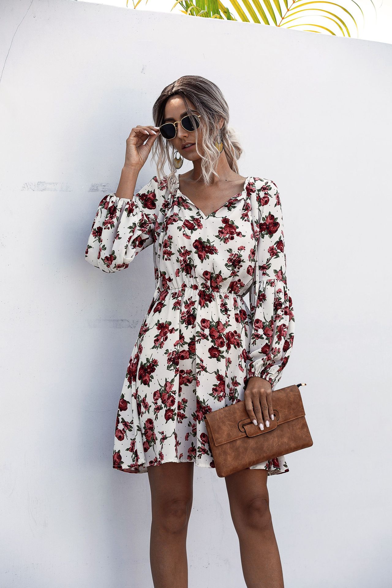 Polka dot flower bubble lantern sleeve dress