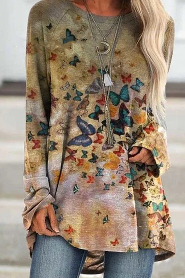 Retro butterfly print gradient long-sleeved T-shirt