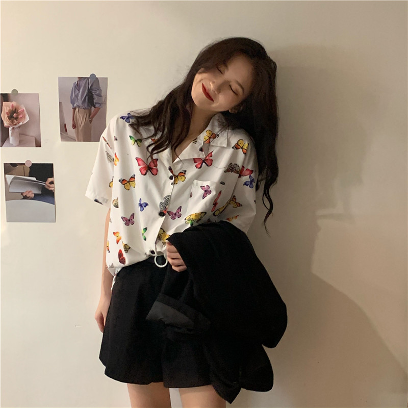Vintage butterfly print short sleeve shirt