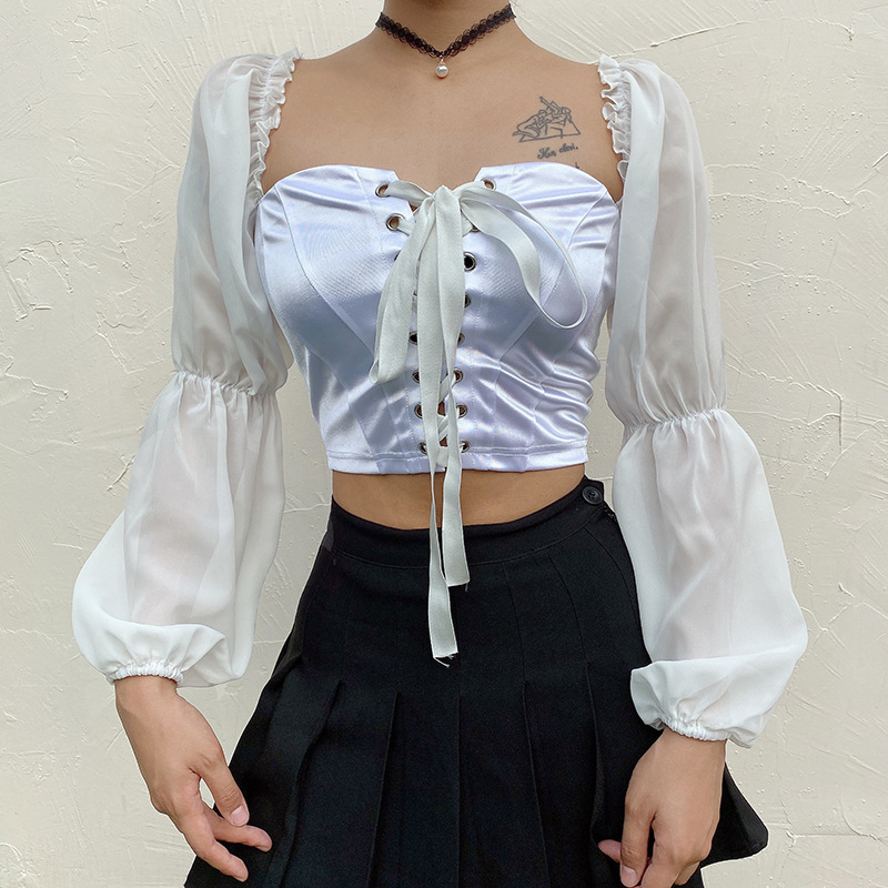 Puff sleeve stitching tie t-shirt