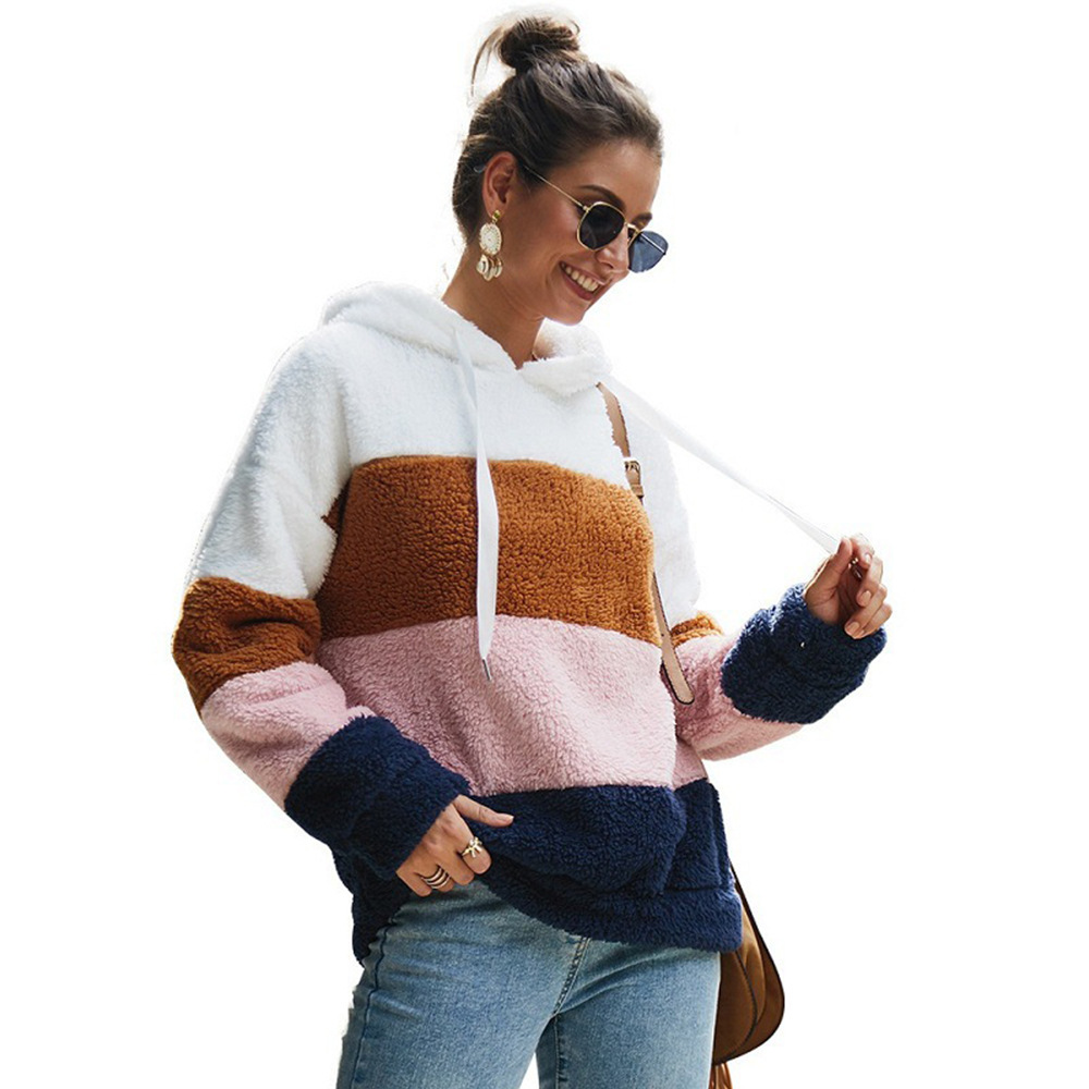 Women's stitching plush hooded sweater top