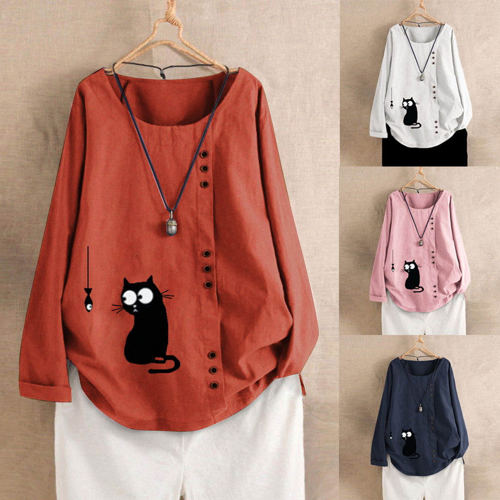 Printed button long sleeve casual top