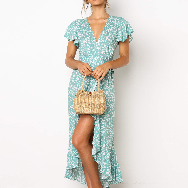 Chiffon print V-neck high-waist lace-up dress