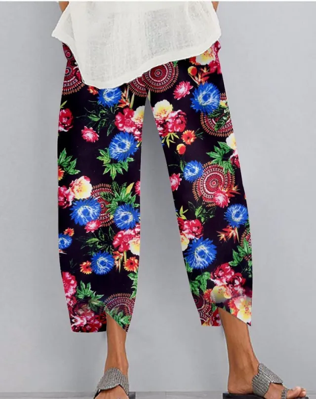 Printed elastic waist pocket casual pants Black - Shop at LoveMi