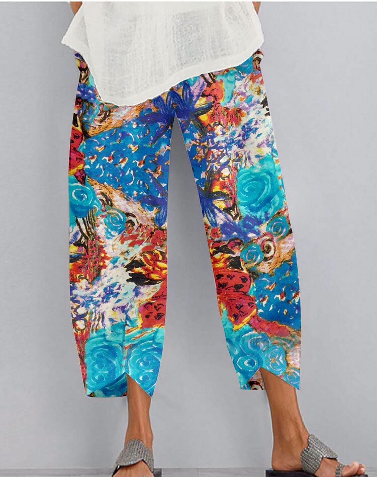 Printed elastic waist pocket casual pants