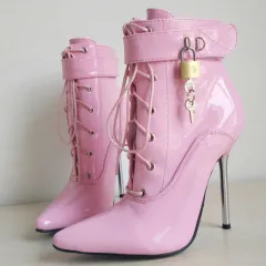Locked Look- Ankle Strap Lace Up Boots - Pink - View 1