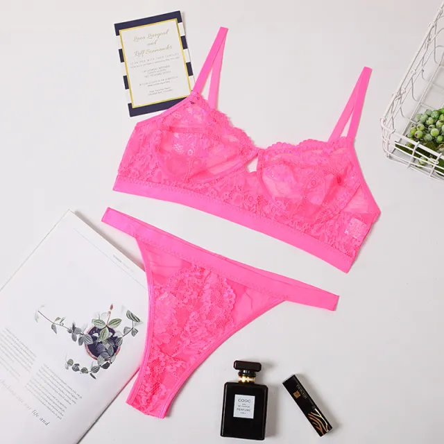 Lace sexy lingerie set without steel ring Pink - Shop at LoveMi