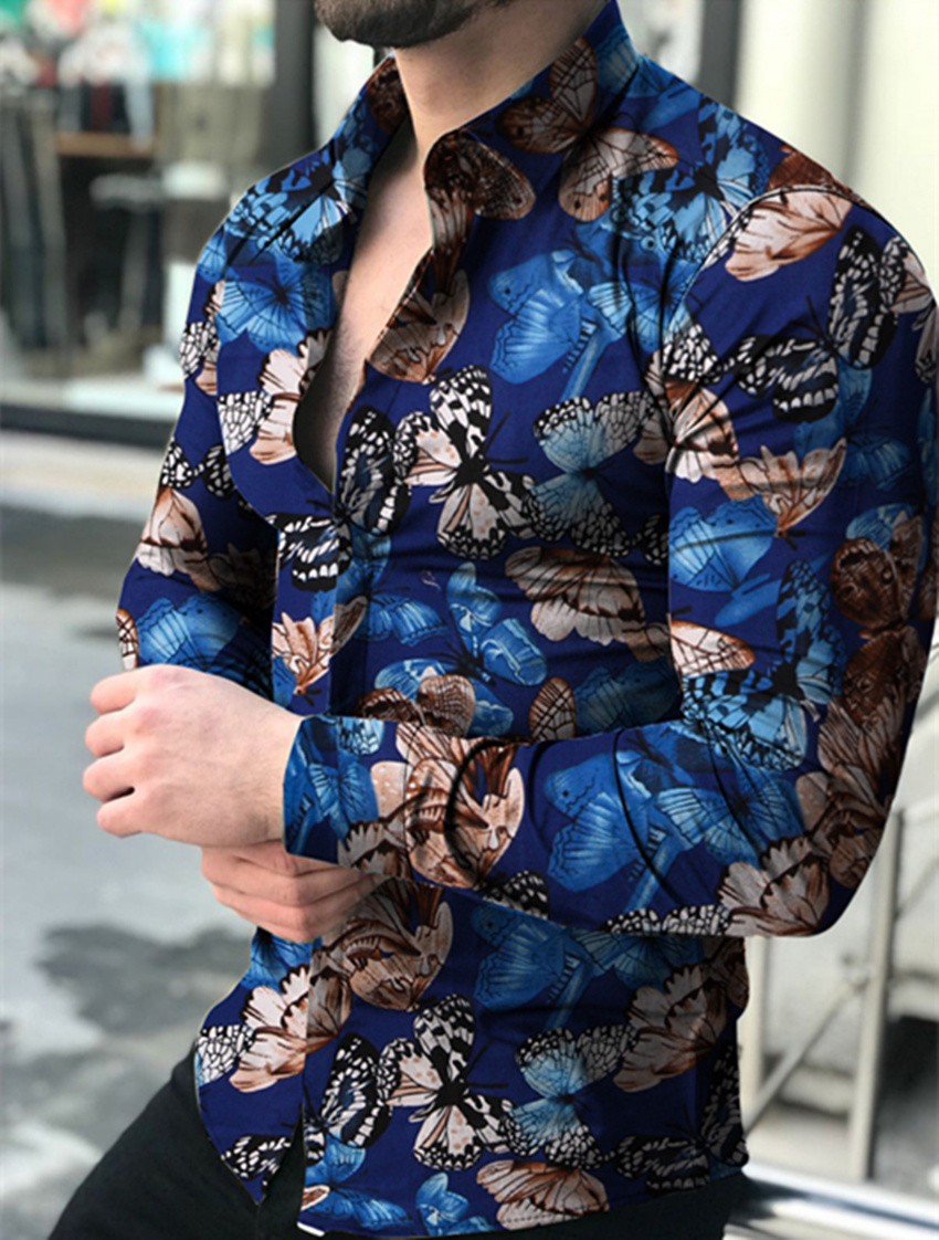 Spring new men's casual long-sleeved floral shirt