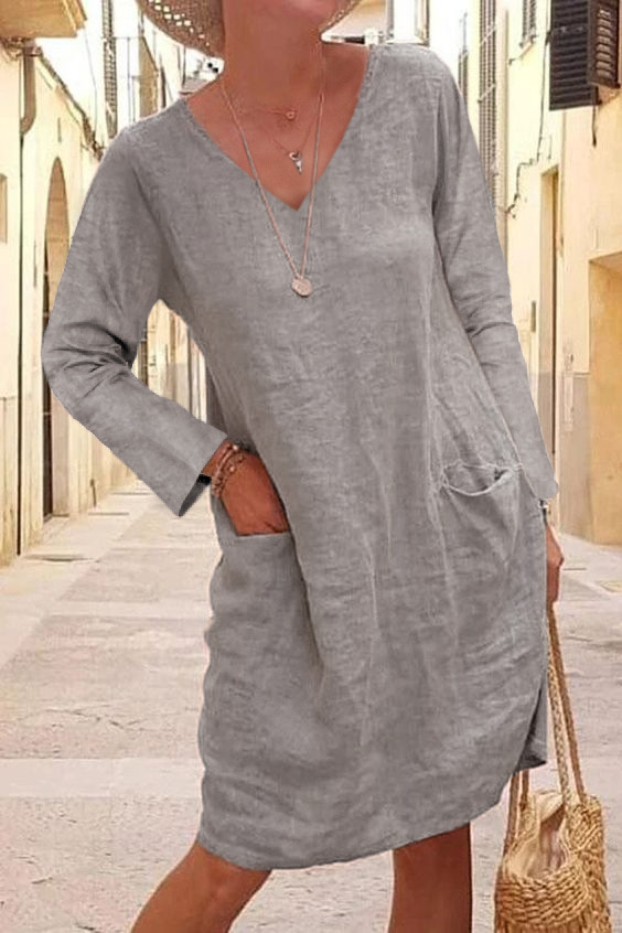 Pocket V-neck cotton linen dress
