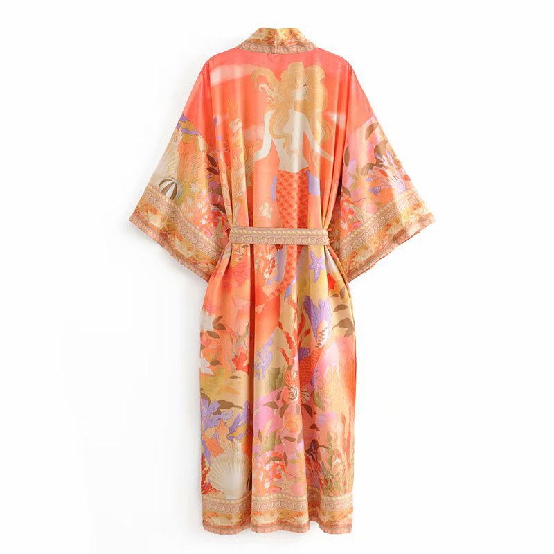 Printed loose tie kimono robe coat