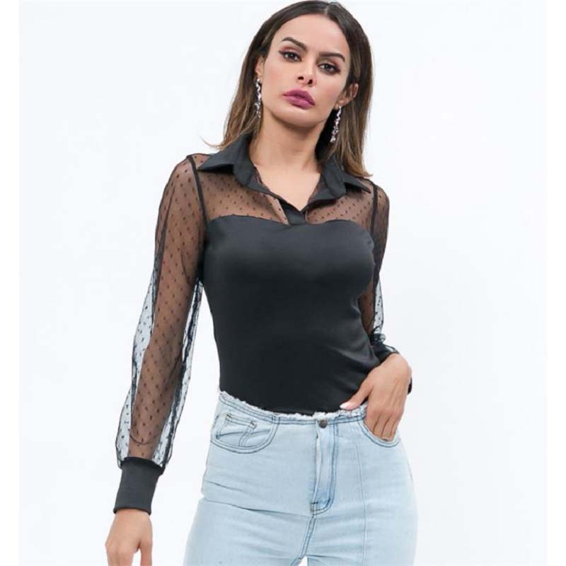 Mesh sexy perspective long sleeve slim T-shirt