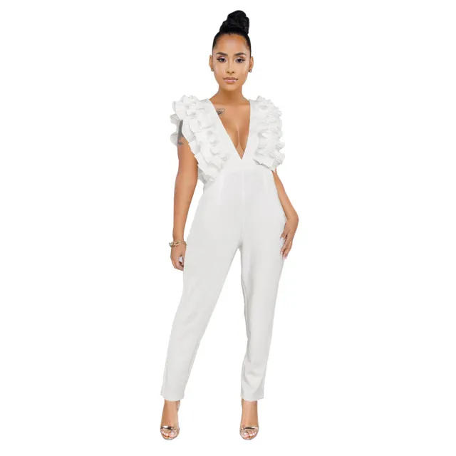 Deep V neck solid color jumpsuit White - Shop at LoveMi