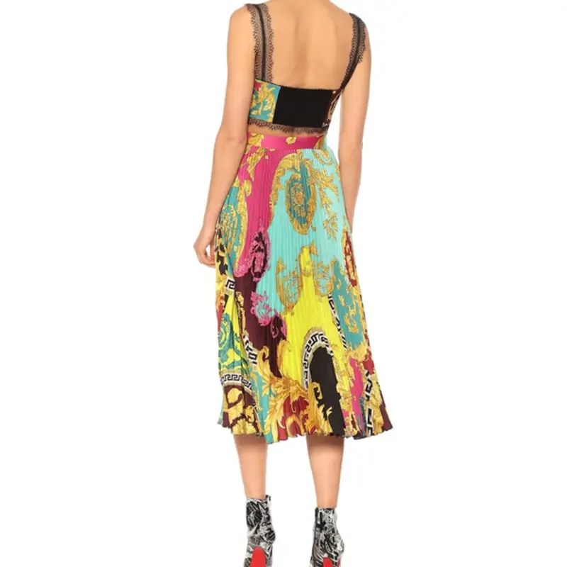Baroque resort style camisole print pleated skirt