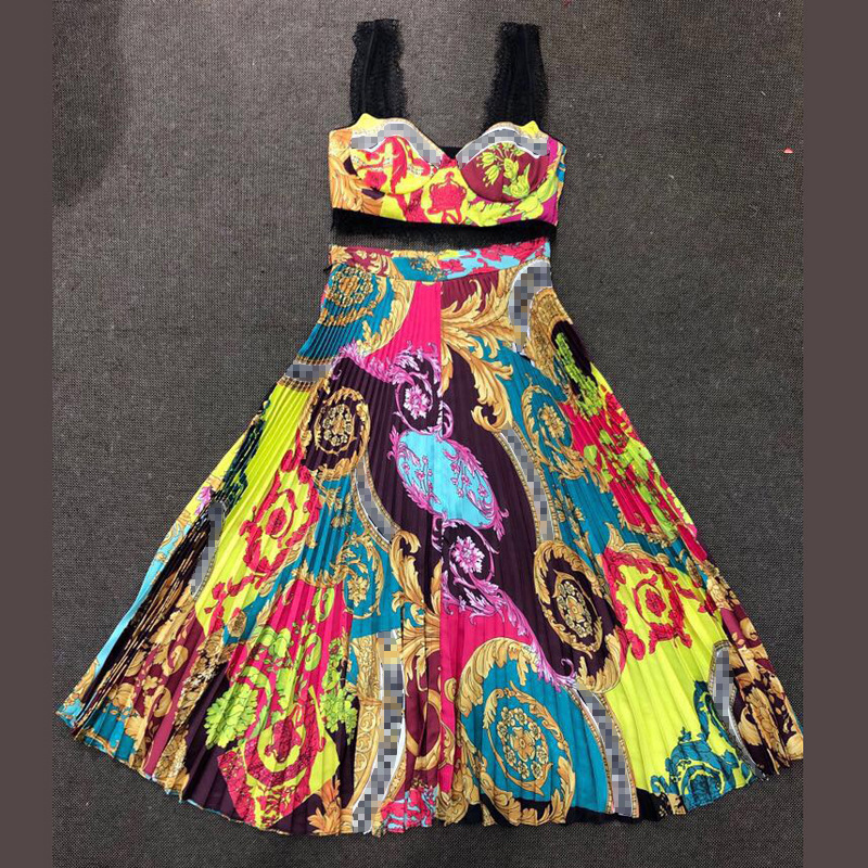 Baroque resort style camisole print pleated skirt