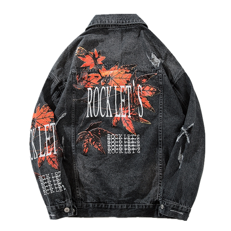 Ripped maple leaf print loose jacket