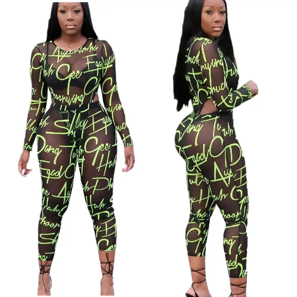 Fashion letter printed net yarn long sleeve two-piece suit