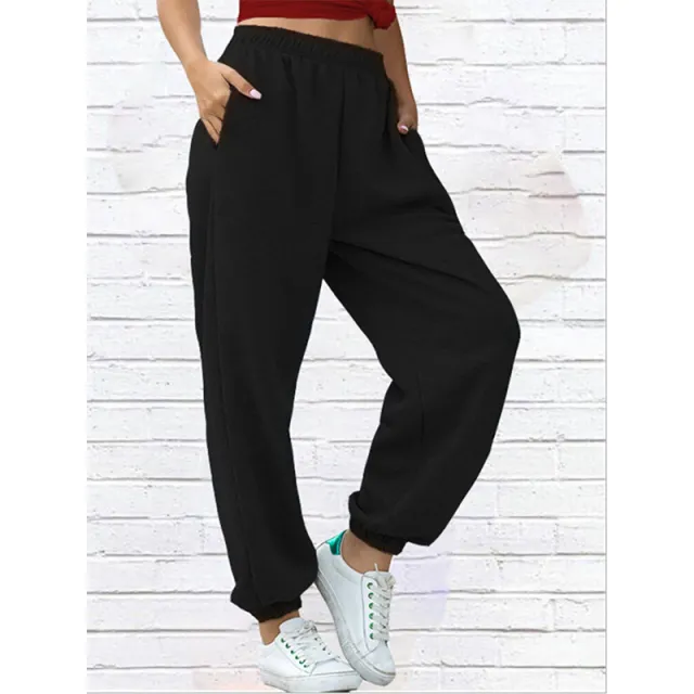 Pure color elastic waist leg pants casual sports trousers Black - Shop at LoveMi