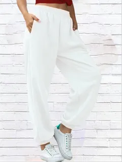 Pure color elastic waist leg pants casual sports trousers - White - View 1