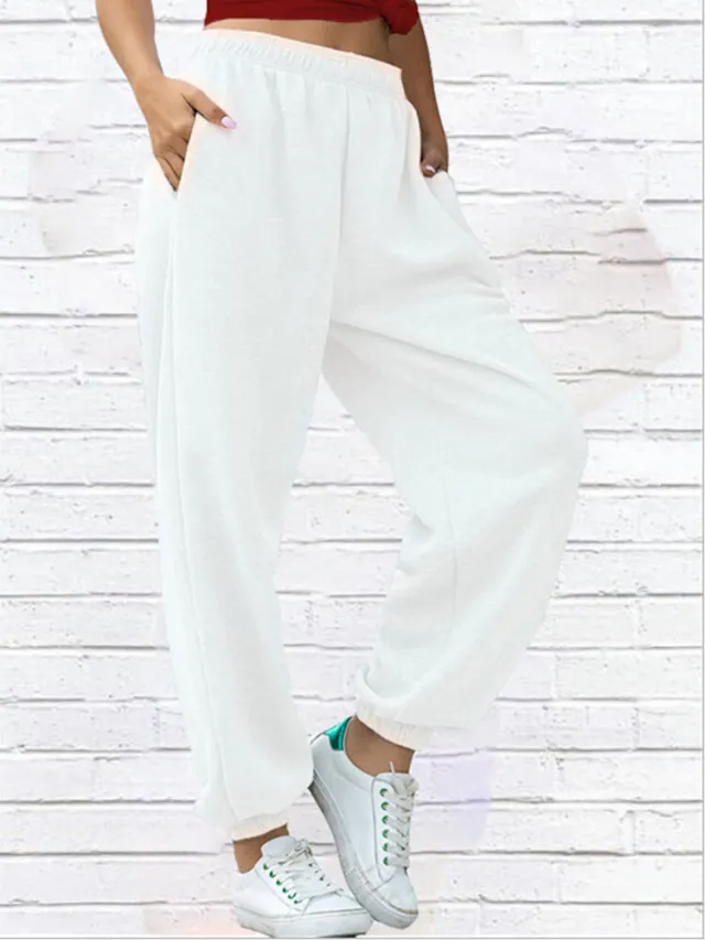 Pure color elastic waist leg pants casual sports trousers White - Shop at LoveMi