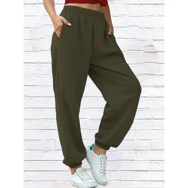 Pure color elastic waist leg pants casual sports trousers Army Green - Shop at LoveMi