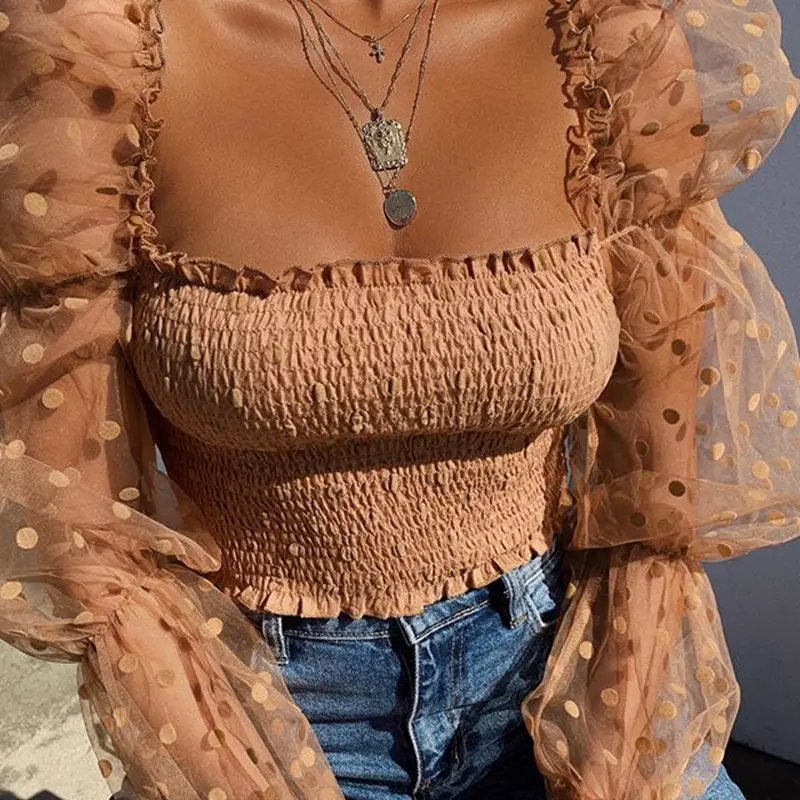 Ladies mesh puff sleeve off-the-shoulder top