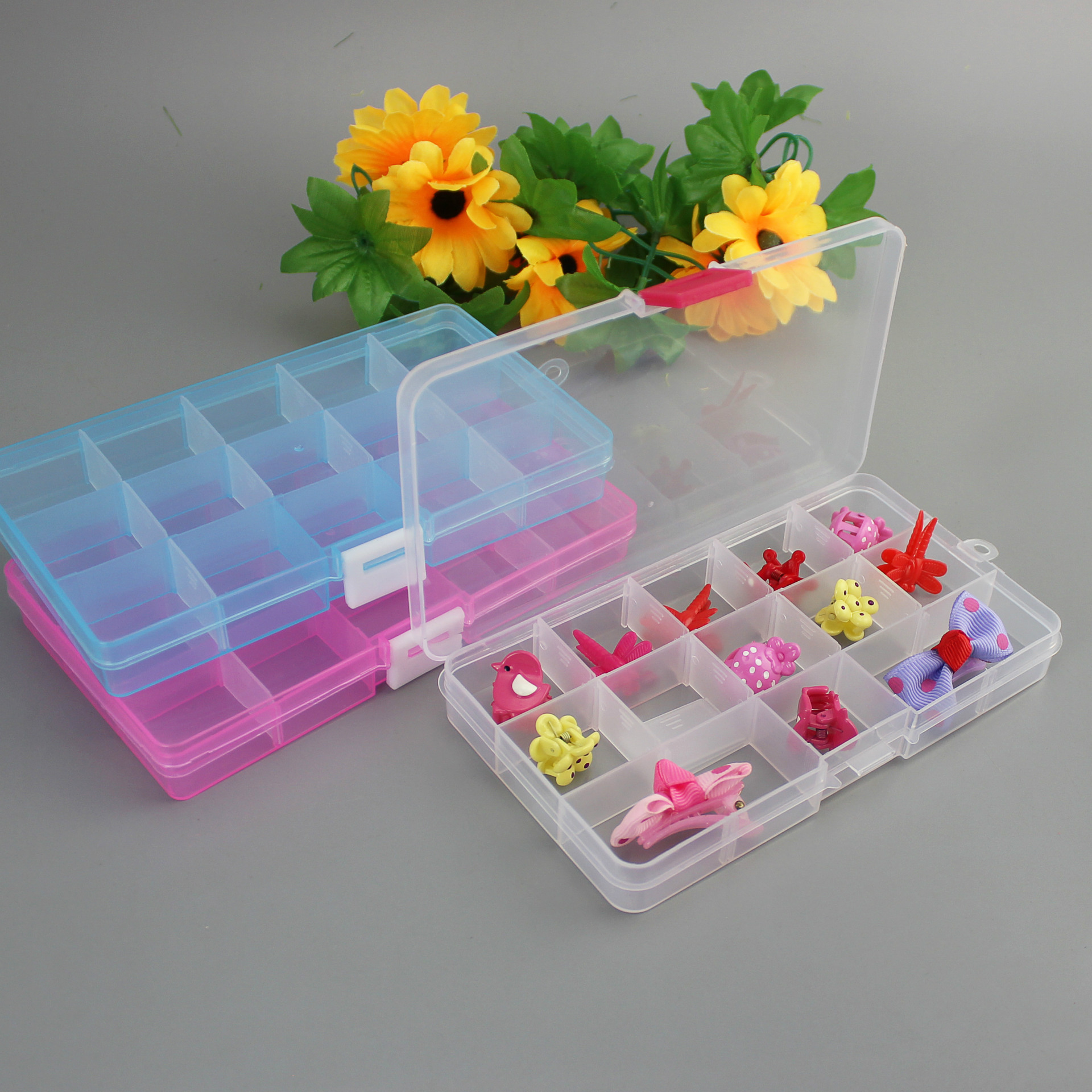 Plastic 15 compartment transparent storage box (Orange-1pc)