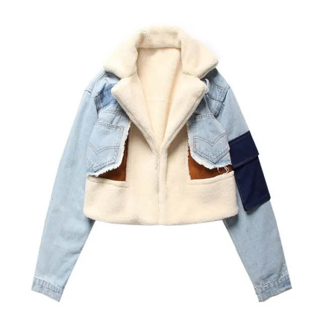 Plush denim stitching biker jacket Blue - Shop at LoveMi