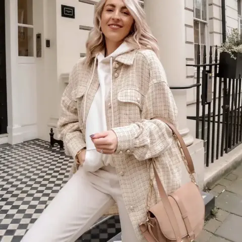 Women Plaid Pattern Thick Coats Jacket Pearl Buttons Long