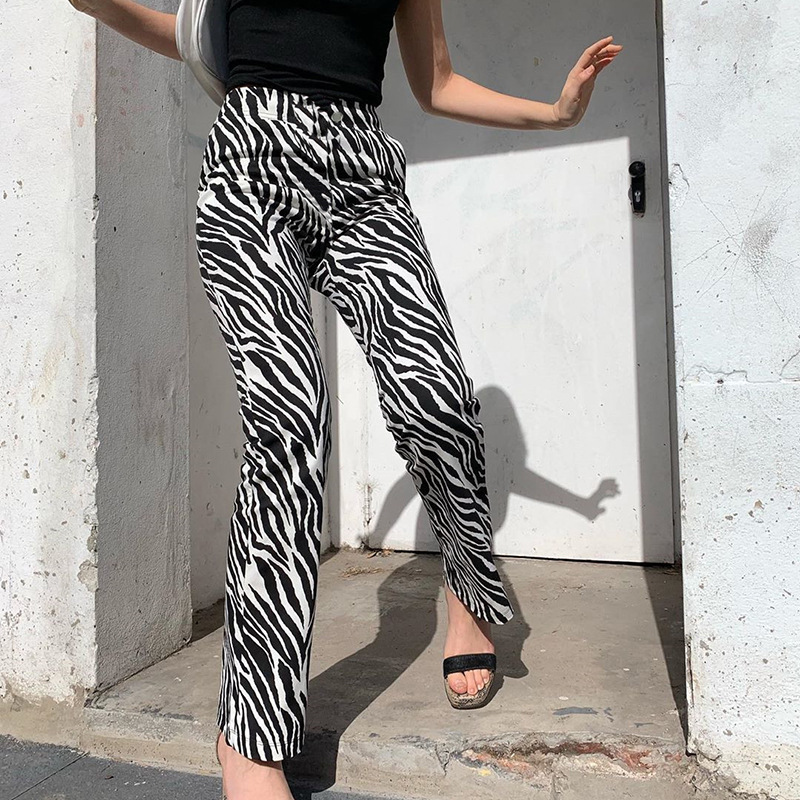 Black and white pattern straight-leg pants