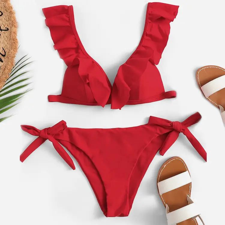 Knotted split sexy ruffled swimsuit