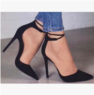 Pointed sexy hollow fashion rivet one line high heel sandals plus size Black - Shop at LoveMi
