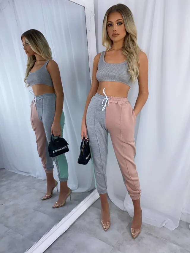 Multicolor stitching casual sports pants Grey - Shop at LoveMi