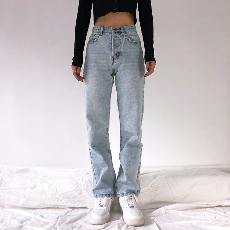 Retro high rise straight leg denim trousers Blue - Shop at LoveMi