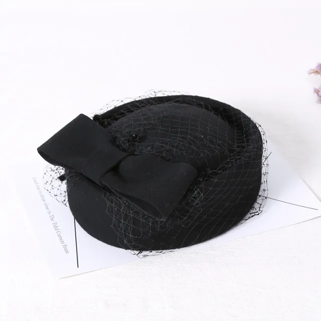 Bow net yarn lace woolen hat Black - Shop at LoveMi
