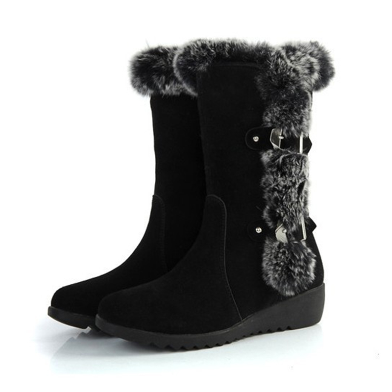 Brown New Winter Women Casual Warm Fur Mid Calf Boots Shoes Women Slip On Round Toe Flats Snow Boots Shoes Black - Shop at LoveMi