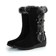 Brown New Winter Women Casual Warm Fur Mid-Calf Boots Shoes Women Slip-On Round Toe Flats Snow Boots Shoes - Black - View 1