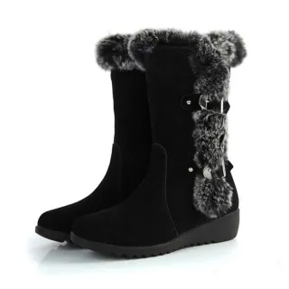 Brown New Winter Women Casual Warm Fur Mid-Calf Boots Shoes Women Slip-On Round Toe Flats Snow Boots Shoes - Black