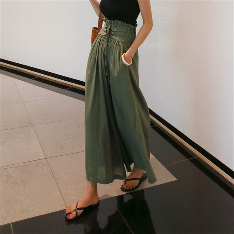 Lace-up high waist wide leg pants trousers