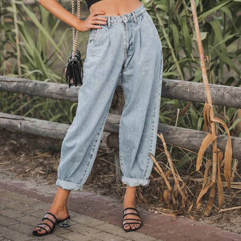 Women's loose high waist denim trousers Blue - Shop at LoveMi